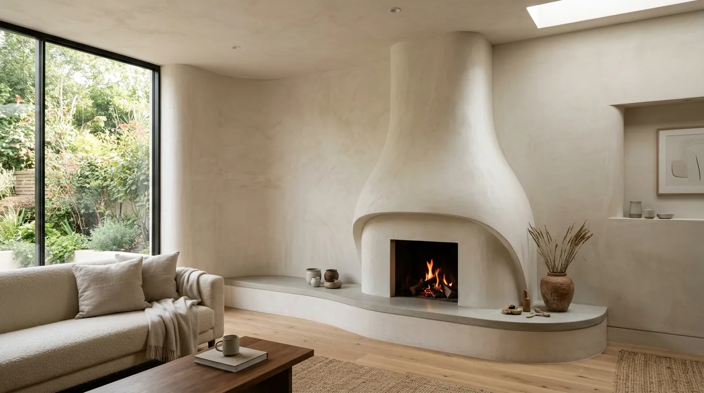 Let artwork and decor stay sparse around the focal point inspiration for a plaster fireplace feature wall.